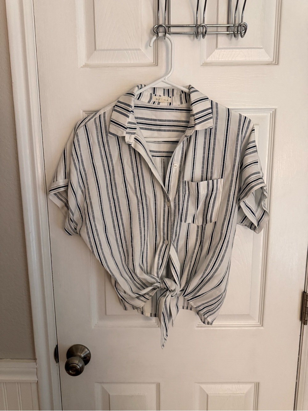 bohme White and Navy Striped Button Down Tie Front Shirt
